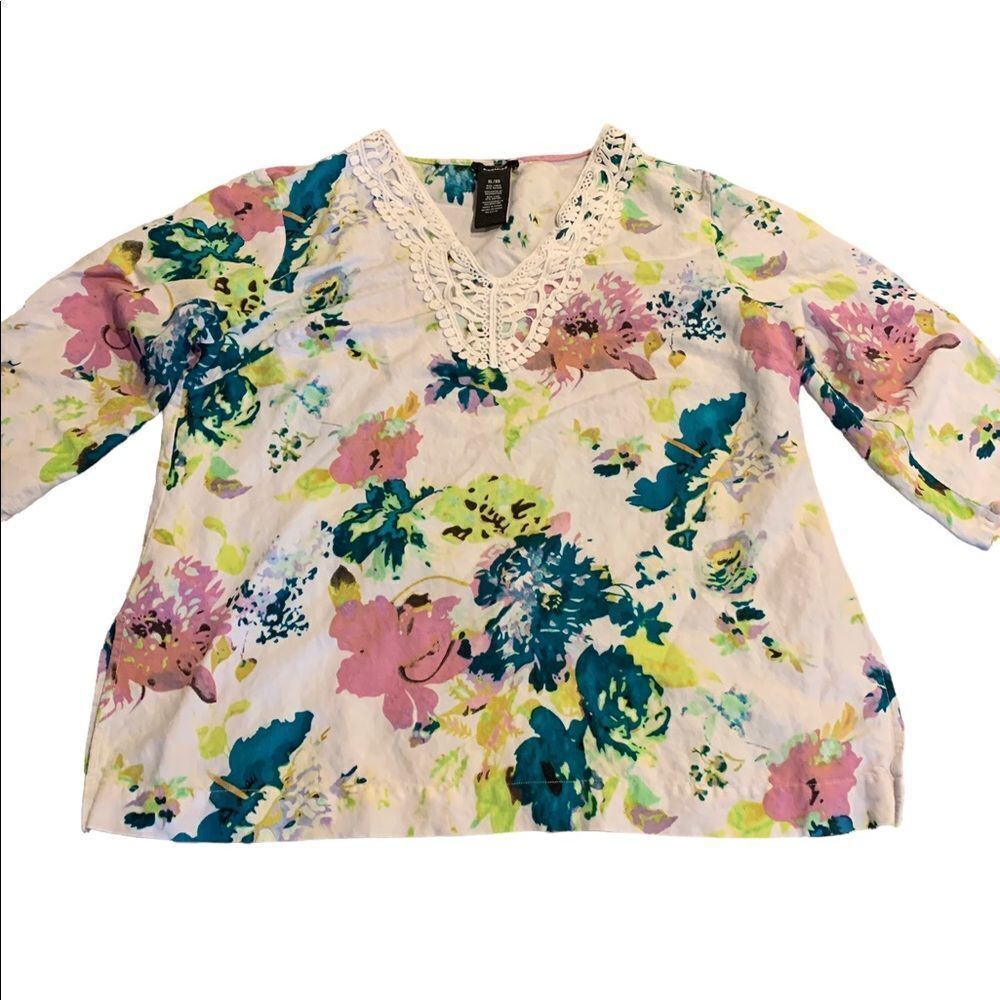 Premise Floral Linen Tunic Top 3/4 Sleeve XL